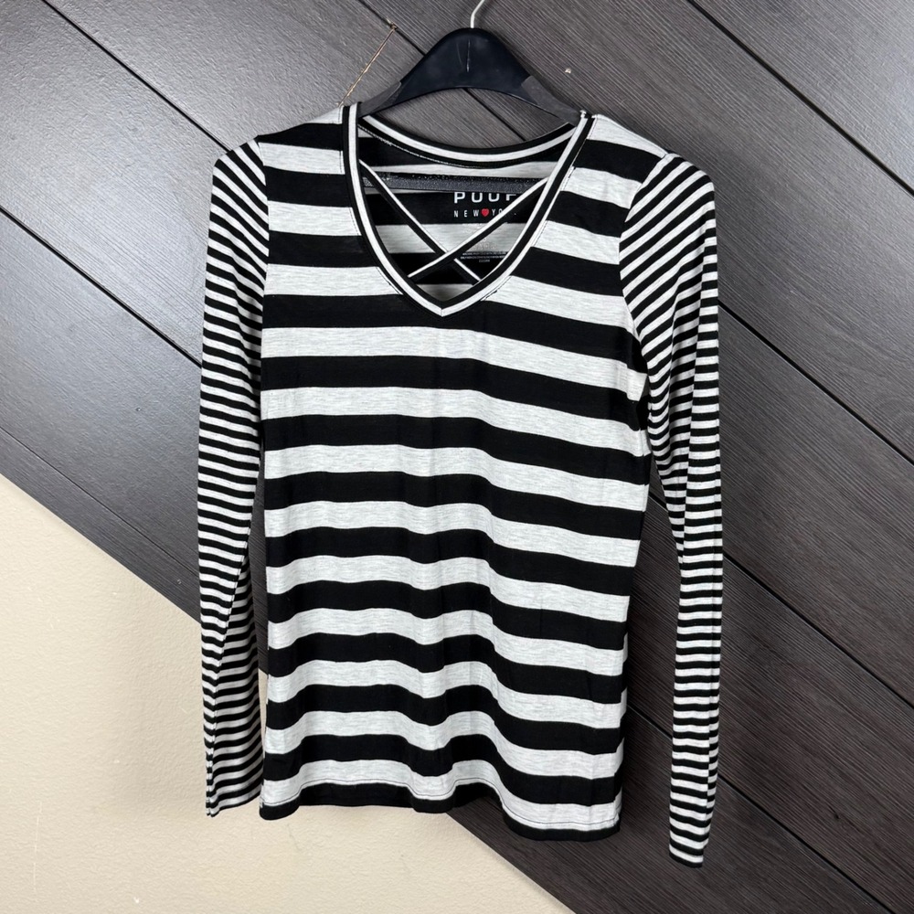 Poof New York Women Striped Criss Cross V Neck Top Small Black Gray Y2K Grunge